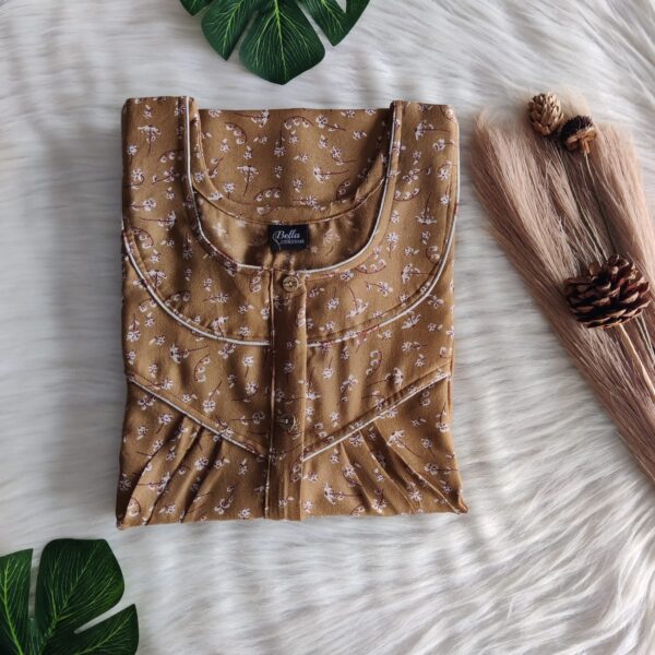 Brown Floral Printed Alpine Long Zip Pleated Nighty | Free Size | Chest Width 44″| Length 56″|
