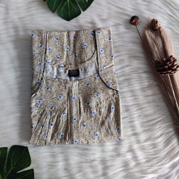 Brown Floral Printed Premium Cotton Pleated Zip Nighty | Free Size | Chest Width 44″| Length 54″-55″|
