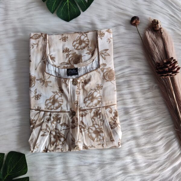 Brown Floral Printed Premium Cotton Button Zip Nighty | Free Size | Chest Width 44″| Length 55″-56″|