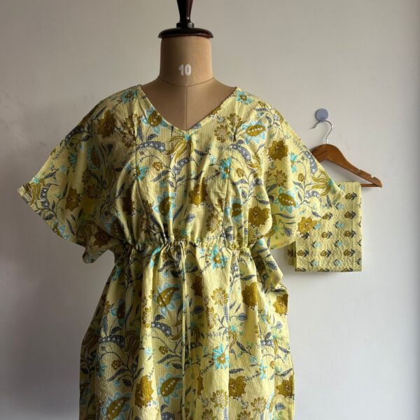Yellow Floral Printed Kantha Cotton Kaftan Loungewear Pyjama Set | Free Size |