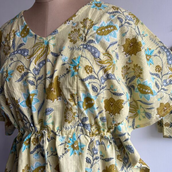Yellow Floral Printed Kantha Cotton Kaftan Loungewear Pyjama Set | Free Size | - Image 2