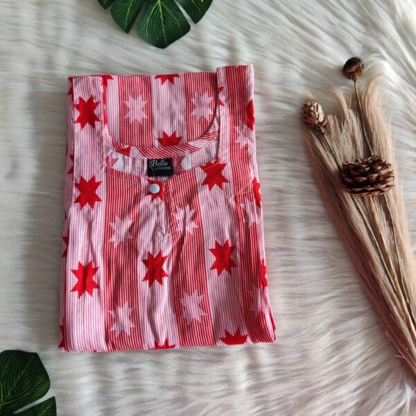 Red And Peach Printed Premium Cotton Aline Cut Vertical Zip Feeding Nighty | Free Size | Chest Width 44″| Length 54″-56″|