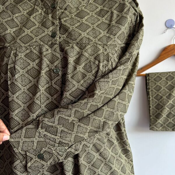 Olive Green Printed Rayon Full Sleeve Pyjama Set | Free Size | - Image 3