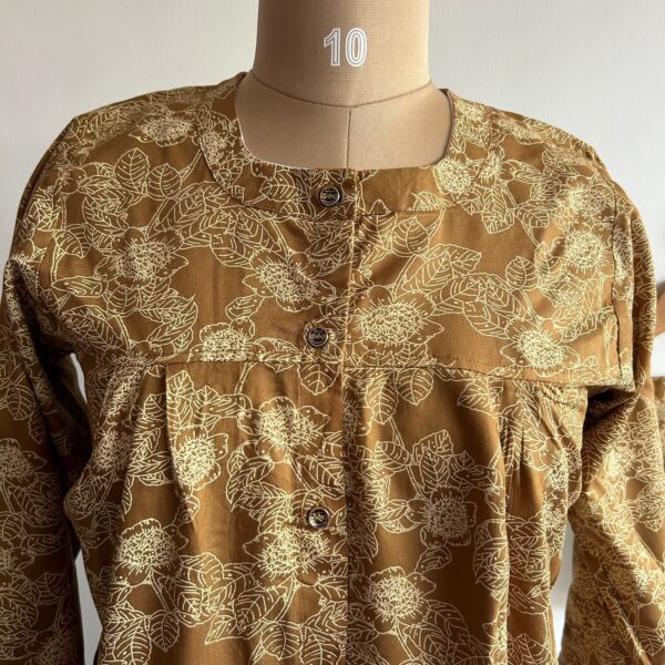 Brown Floral Printed Rayon Full Sleeve Pyjama Set | Free Size | - Image 2