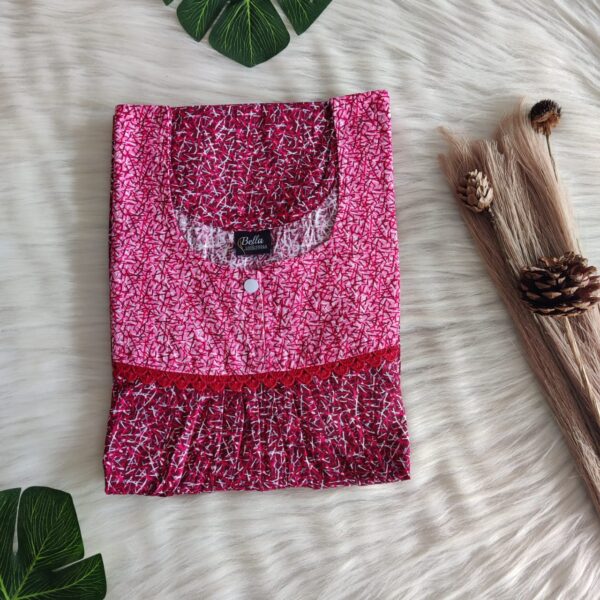 Peach And Maroon Printed Premium Cotton Lace Nighty | Free Size | Chest Width 44″| Length 54″-56″|