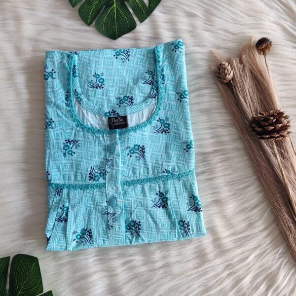 Aqua Blue Floral Printed Premium Cotton Lace Button Nighty | Free Size | Chest Width 44″| Length 54″-56″|