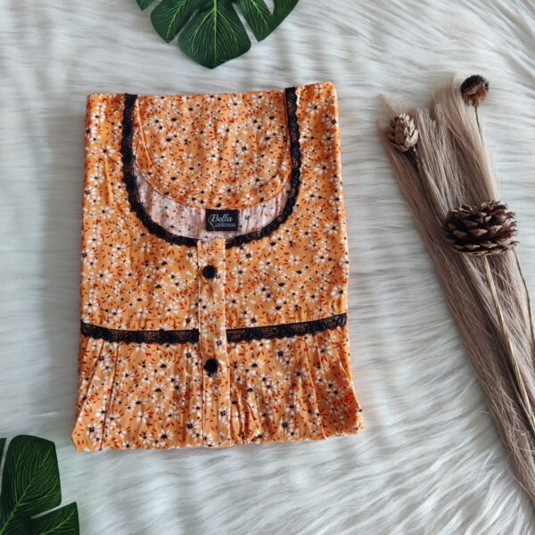 Orange Floral Printed Premium Cotton Lace Button Nighty | Free Size | Chest Width 44″| Length 54″-56″|