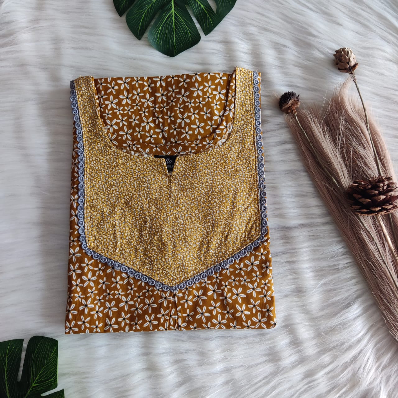 Pale And Dark Mustard Yellow Printed Premium Cotton Mix N Match Lace Pocket Nighty | Free Size | Chest Width 44″| Length 56″|