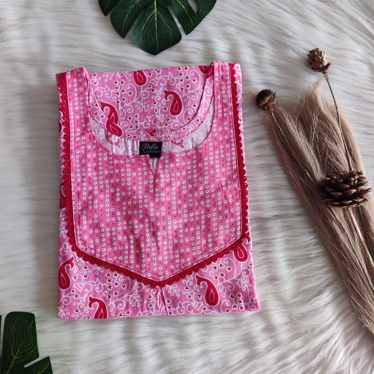 Peach And Red Kalamkari Printed Premium Cotton Mix N Match Lace Pocket Nighty | Free Size | Chest Width 44″| Length 56″|