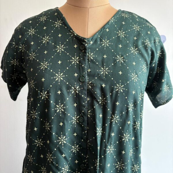 Green Floral Printed Rayon Short Full Open Labour Room Nighty | Free Size | Chest Width 44″| Length 44″| - Image 2