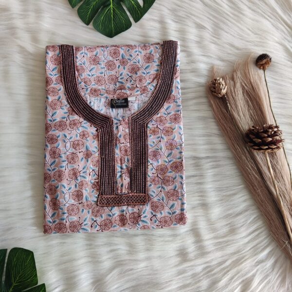 Brown Floral Printed Matching Neck 3/4 Sleeve Embroidery Nighty | Free Size | Width 44″| Length 56″|
