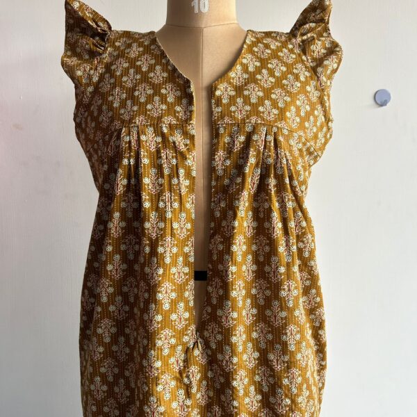Brown Floral Printed Kantha Cotton V- Neck Ruffle Sleeve Long Zip Short Maternity Gown | Free Size | Chest Width 44″| Length 44″| - Image 2