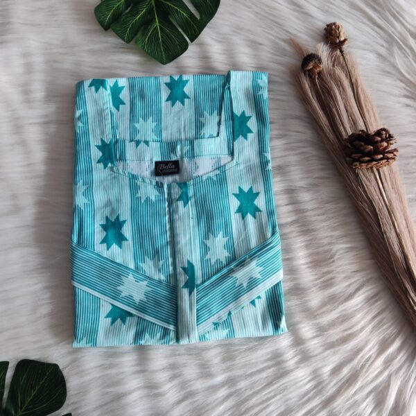 Aqua Green Printed Premium Cotton Horizontal Zip Feeding Nighty | Free Size | Chest Width 44″| Length 54″-56″|