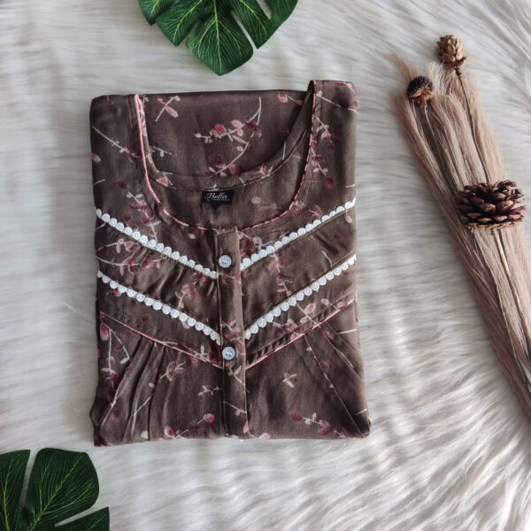 Brown Printed Alpine Double Lace Button Nighty | Free Size | Chest Width 44″| Length 54″-56″|