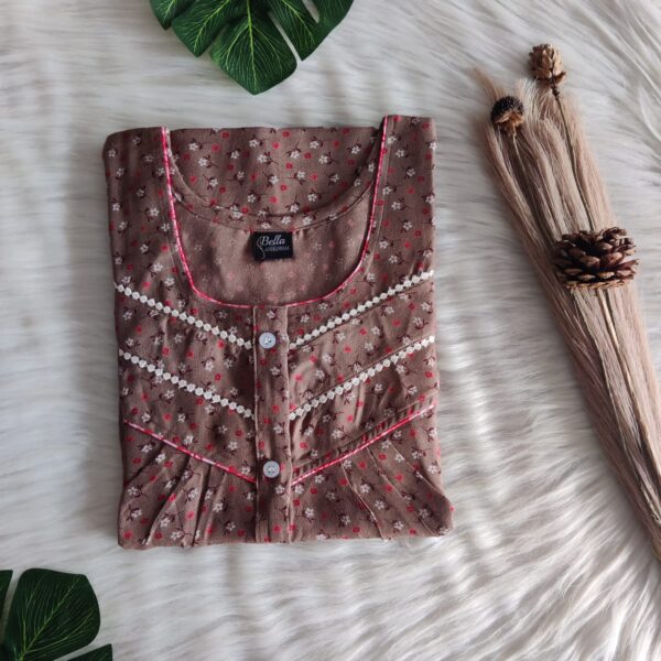 Brown Floral Printed Alpine Double Lace Button Nighty | Free Size | Chest Width 44″| Length 54″-56″|