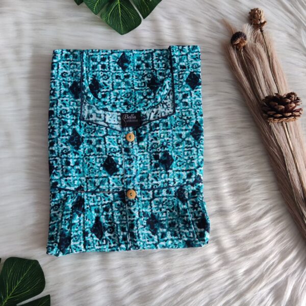 Aqua Blue Printed Premium Cotton Button Zip Nighty | Free Size | Chest Width 44″| Length 55″-56″|