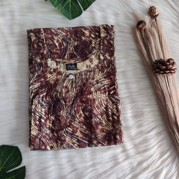 Coffee Brown Printed Premium Cotton Aline Cut Vertical Zip Feeding Nighty | Free Size | Chest Width 44″| Length 54″-56″|