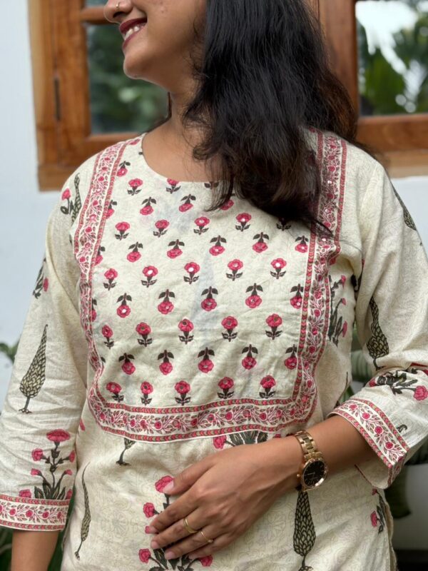 Pink Floral Printed Cotton Kurti Co-ord Set | BK0003 - Image 2