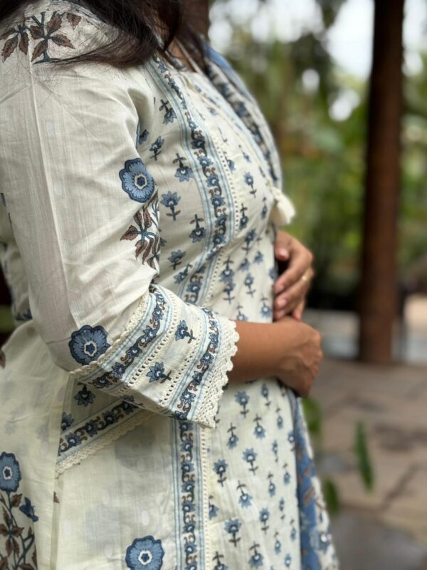 Blue Floral Printed White Cotton 3 Piece Set Kurti Collection | BK0007 - Image 3