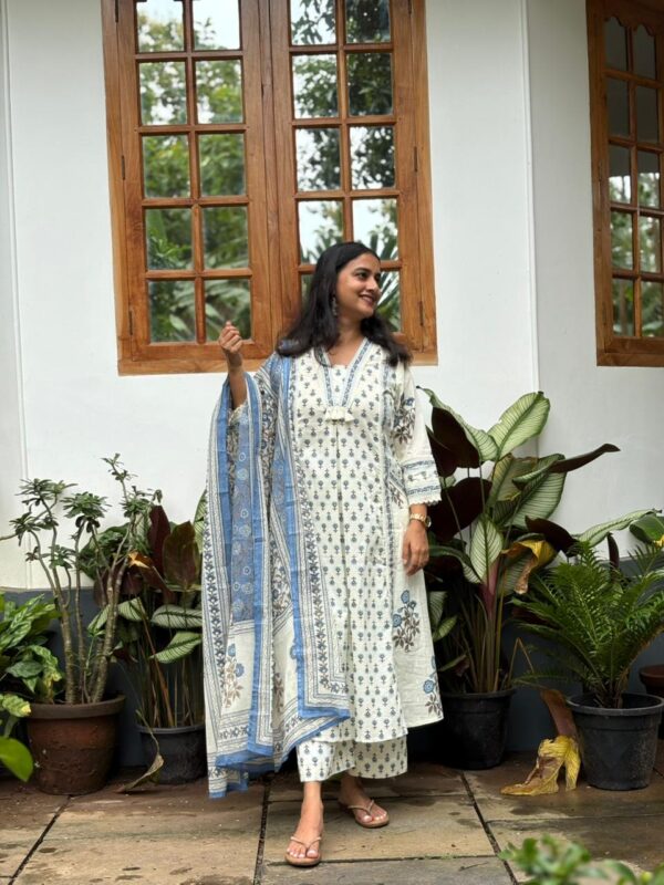 Blue Floral Printed White Cotton 3 Piece Set Kurti Collection | BK0007