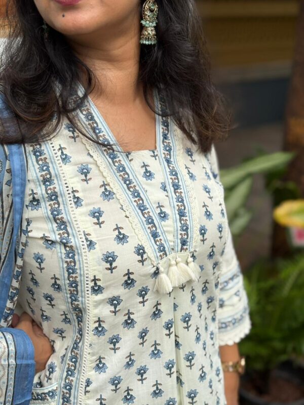 Blue Floral Printed White Cotton 3 Piece Set Kurti Collection | BK0007 - Image 2