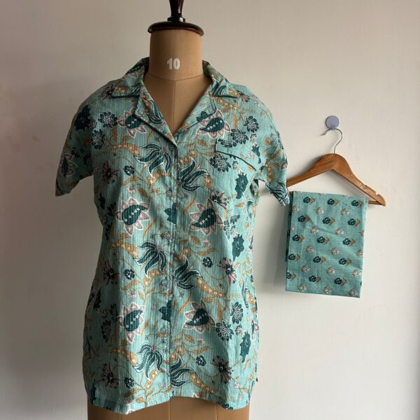Blue Floral Printed Kantha Cotton Shirt Pyjama Set | Free Size |