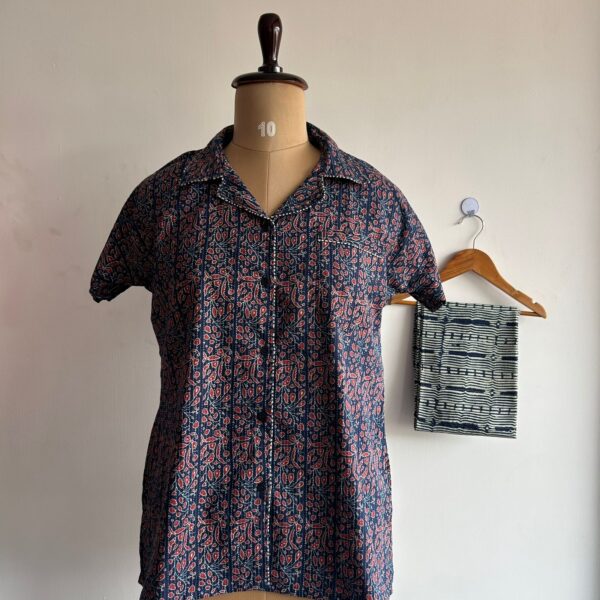 Navy-Blue Floral Printed Kantha Cotton Shirt Pyjama Set | Free Size |