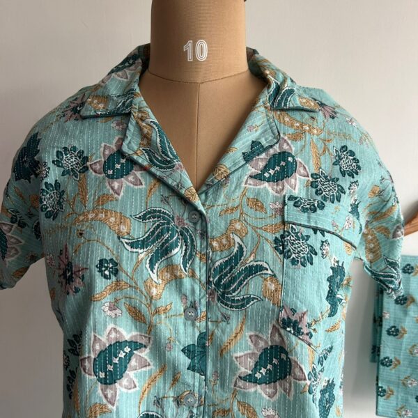 Blue Floral Printed Kantha Cotton Shirt Pyjama Set | Free Size | - Image 2
