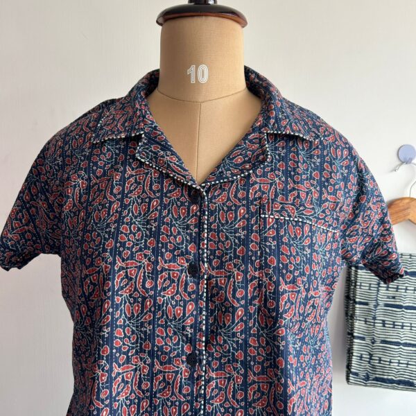 Navy-Blue Floral Printed Kantha Cotton Shirt Pyjama Set | Free Size | - Image 2