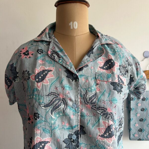 Grey Floral Printed Kantha Cotton Shirt Pyjama Set | Free Size | - Image 2