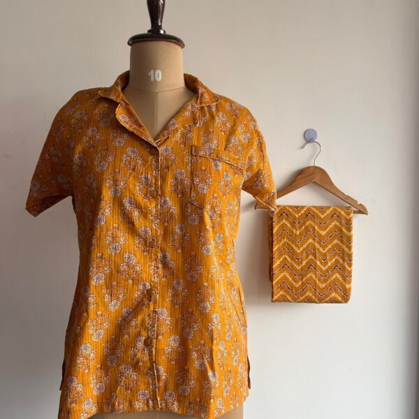 Yellow Floral Printed Kantha Cotton Shirt Pyjama Set | Free Size |