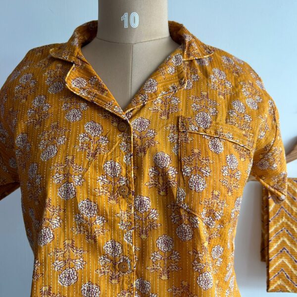 Yellow Floral Printed Kantha Cotton Shirt Pyjama Set | Free Size | - Image 3