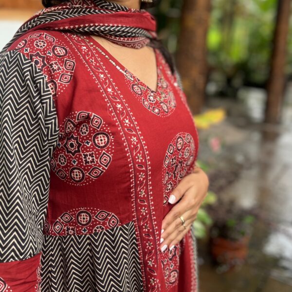 Maroon And Black Ajrakh Printed Cotton Anarkali 3 Piece Set Kurti Collection | BK0010 - Image 3