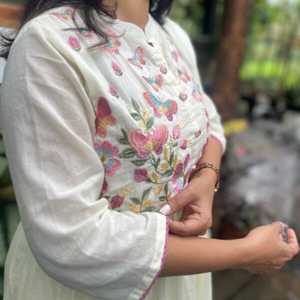 Off White Floral Embroidery Mul Cotton 3 Piece Set Anarkali Kurti Collection | BK0013 - Image 2