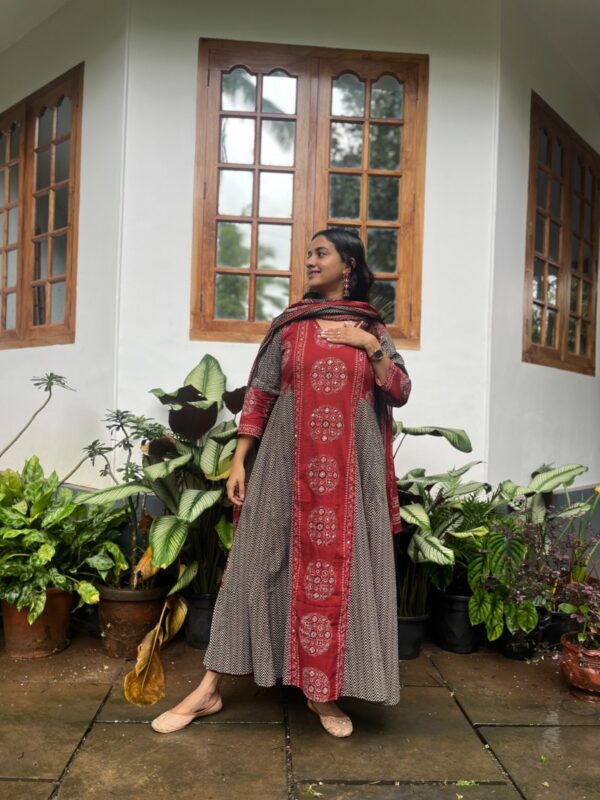 Maroon And Black Ajrakh Printed Cotton Anarkali 3 Piece Set Kurti Collection | BK0010