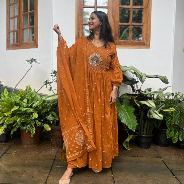 Rust Brown Printed Mul Cotton 3 Piece Set Anarkali Kurti Collection | BK0012