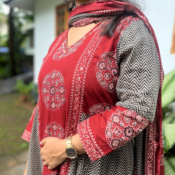 Maroon And Black Ajrakh Printed Cotton Anarkali 3 Piece Set Kurti Collection | BK0010 - Image 2