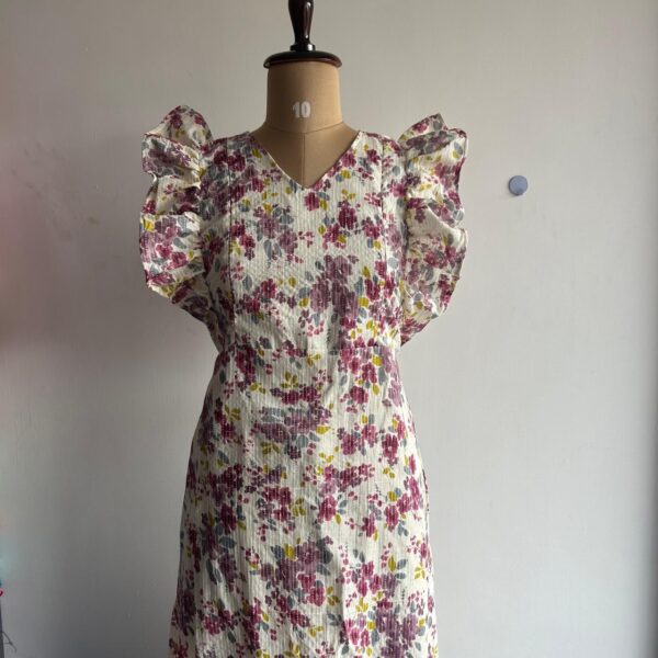 Mauve Floral Printed White Kantha Cotton Ruffle Sleeve Short Maternity Gown | Free Size | Chest Width 44″| Length 44″|