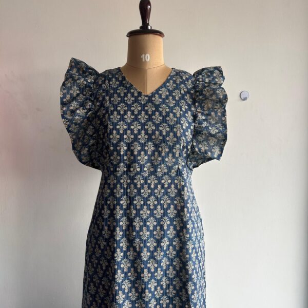 Blue Floral Printed Kantha Cotton Ruffle Sleeve Short Maternity Gown | Free Size | Chest Width 44″| Length 44″|