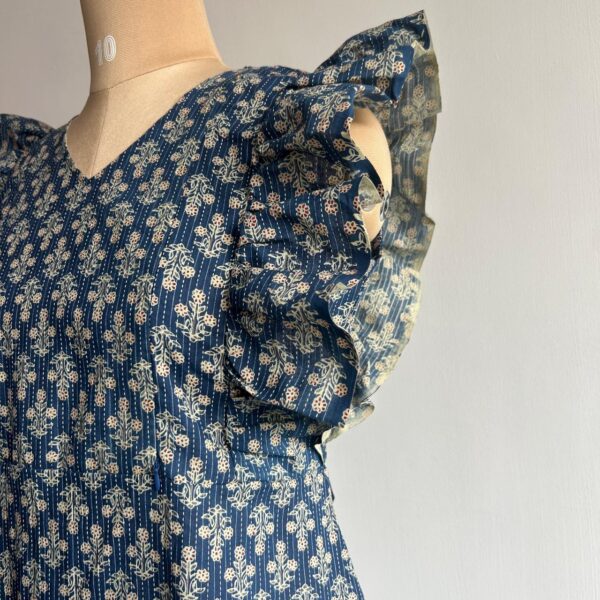 Blue Floral Printed Kantha Cotton Ruffle Sleeve Short Maternity Gown | Free Size | Chest Width 44″| Length 44″| - Image 2