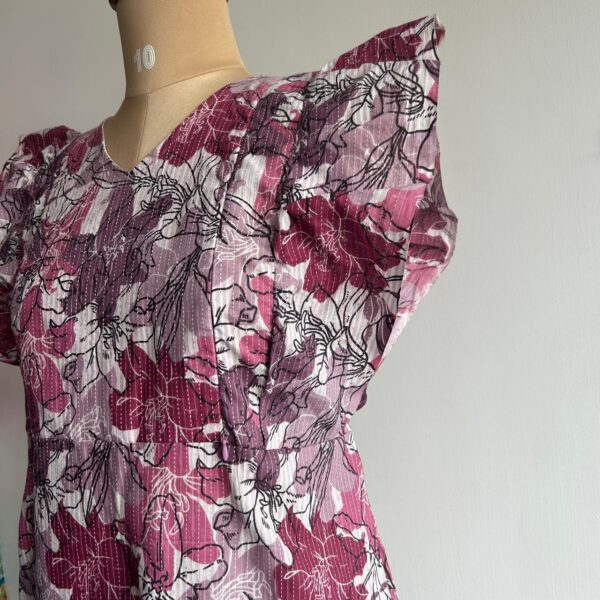Mauve And Pink Floral Printed Kantha Cotton Ruffle Sleeve Short Maternity Gown | Free Size | Chest Width 44″| Length 44″| - Image 2