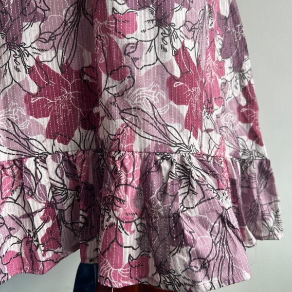 Mauve And Pink Floral Printed Kantha Cotton Ruffle Sleeve Short Maternity Gown | Free Size | Chest Width 44″| Length 44″| - Image 3