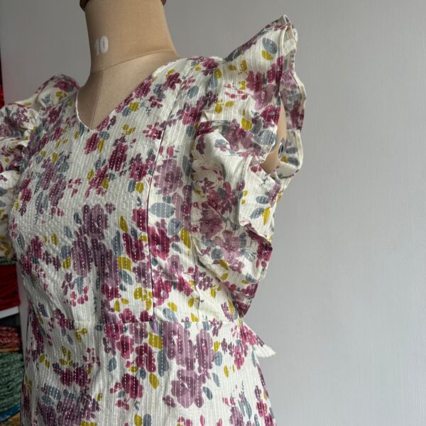Mauve Floral Printed White Kantha Cotton Ruffle Sleeve Short Maternity Gown | Free Size | Chest Width 44″| Length 44″| - Image 2
