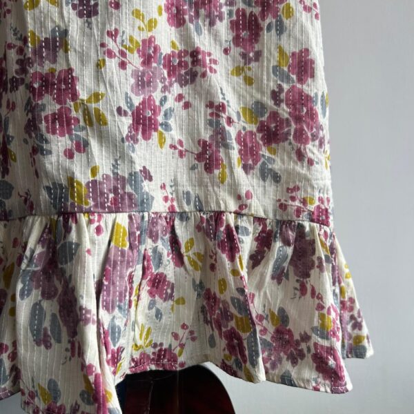 Mauve Floral Printed White Kantha Cotton Ruffle Sleeve Short Maternity Gown | Free Size | Chest Width 44″| Length 44″| - Image 3