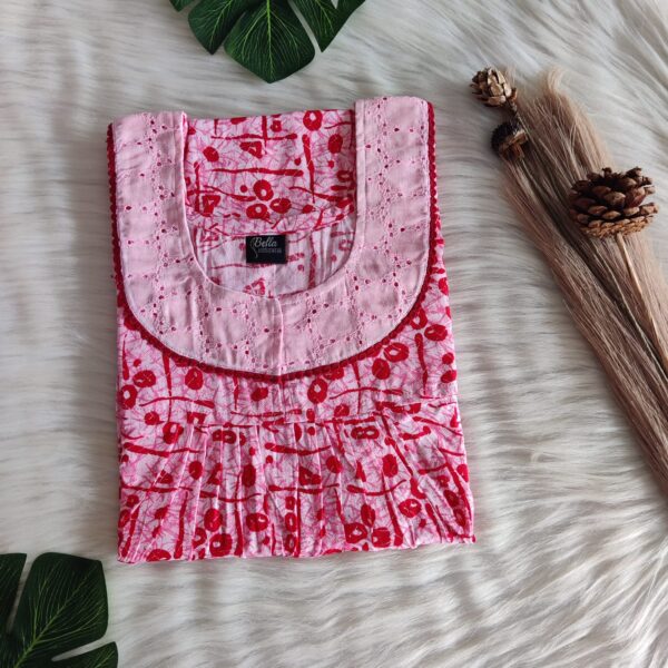 Red And Peach Printed Premium Cotton Hakoba Lace Nighty | Free Size | Chest Width 44″| Length 54″-56″|