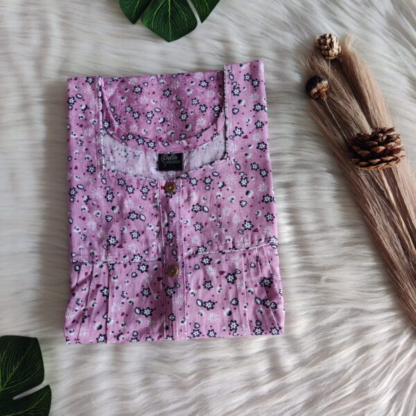 Mauve Floral Printed Premium Cotton Button Zip Nighty | Free Size | Chest Width 44″| Length 55″-56″|