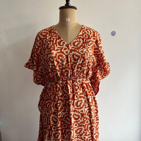 Tango Orange Leaf Batik Printed Premium Rayon Feeding Kaftan | Free Size | Chest Width 44″| Length 56″|
