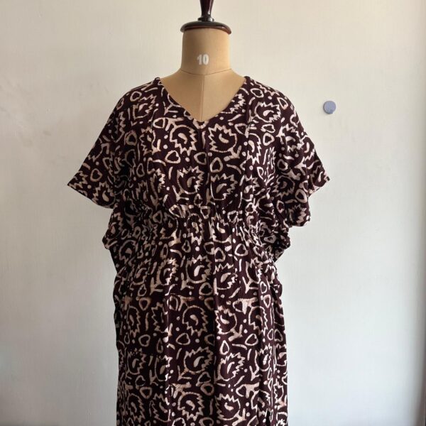 Coffee Brown Leaf Batik Printed Premium Rayon Feeding Kaftan | Free Size | Chest Width 44″| Length 56″|