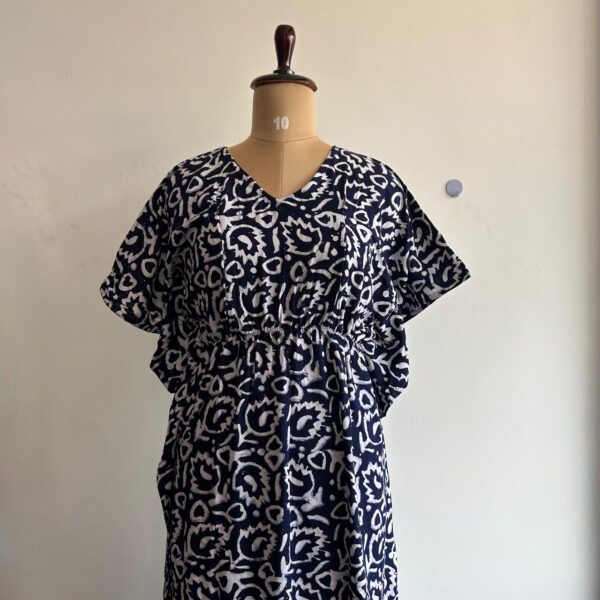 Navy-Blue Leaf Batik Printed Premium Rayon Feeding Kaftan | Free Size | Chest Width 44″| Length 56″|