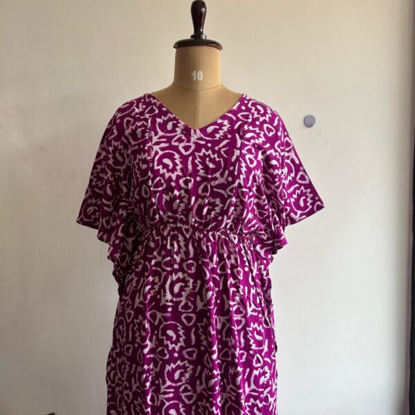 Purple Leaf Batik Printed Premium Rayon Feeding Kaftan | Free Size | Chest Width 44″| Length 56″|